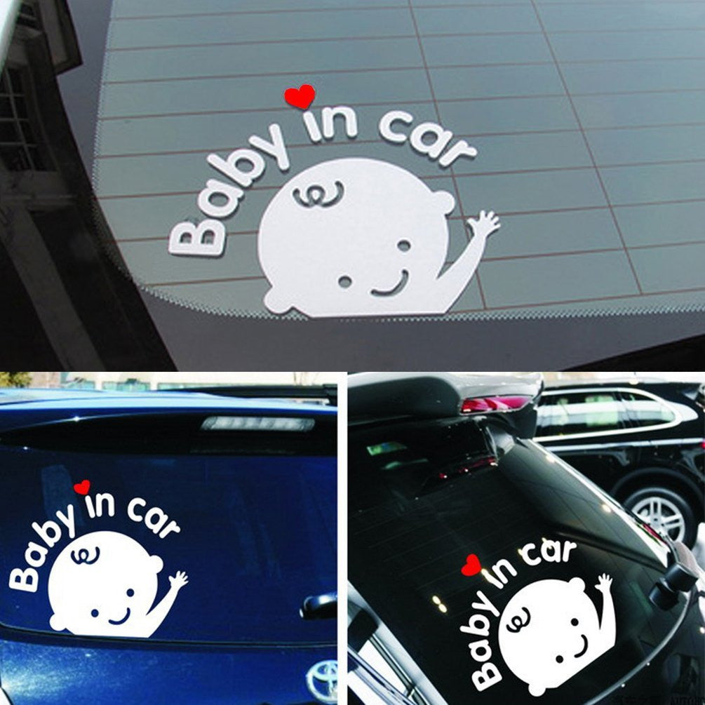 Baby in Car Stickers - Reflective Vinyl Warming Safety Sign, Cute Car Decal for Rear Windshield (White)