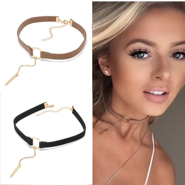 Punk Gold Plated Leather Choker Necklace